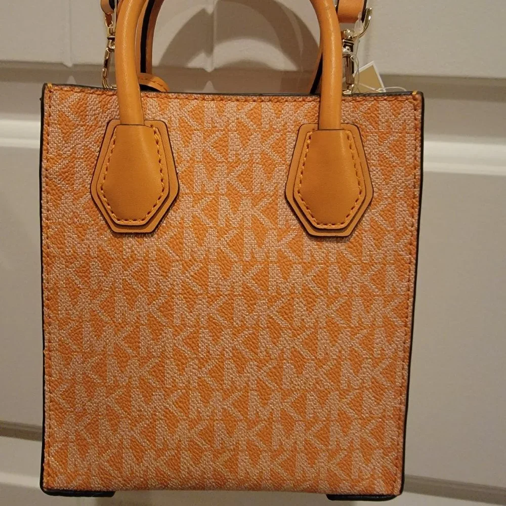 Michael Kors XS Crossbody Bag MK Monogram Orange Leather Mini Tote NWT